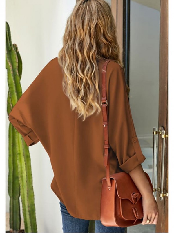 Women's V Neck 3/4 Sleeves  Blouse Solid Color Tops #8734297