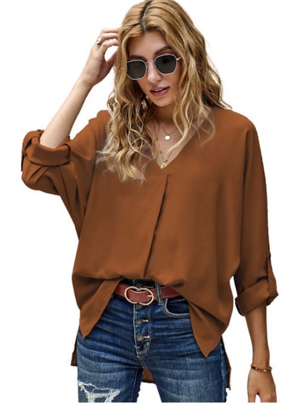Women's V Neck 3/4 Sleeves  Blouse Solid Color Tops #8734297