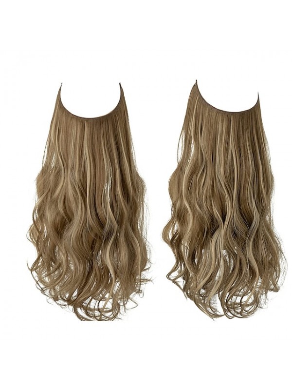 Adjustable Headband Halo Hair Extension Medium Brown With Ash Blonde Highlight Short Wavy Curly Synthetic Hairpiece Invisible Wire 12 Inch for Women Heat Resistant Fiber No Clip #8884217