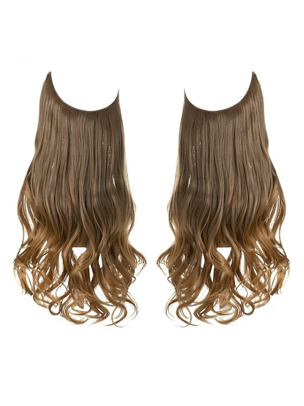 Adjustable Headband Halo Hair Extension Medium Brown With Ash Blonde Highlight Short Wavy Curly Synthetic Hairpiece Invisible Wire 12 Inch for Women Heat Resistant Fiber No Clip #8884217