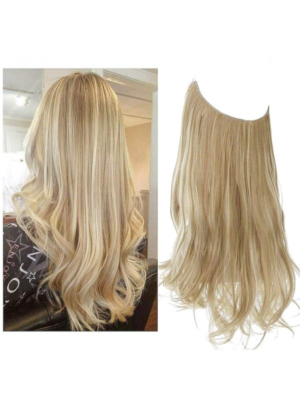 Adjustable Headband Halo Hair Extension Medium Brown With Ash Blonde Highlight Short Wavy Curly Synthetic Hairpiece Invisible Wire 12 Inch for Women Heat Resistant Fiber No Clip #8884217