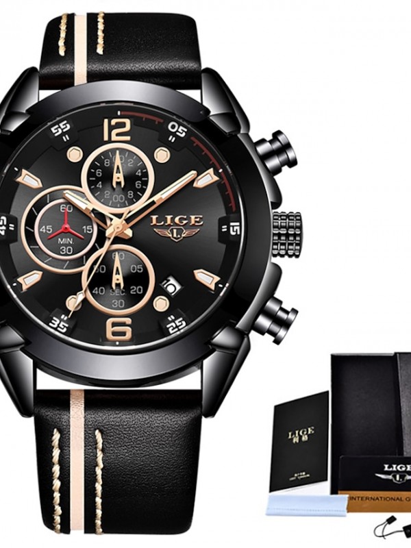 LIGE Sport Watch Quartz Watch for Men's Men Analog Quartz Sporty Chronograph Day Date Alloy Leather / One Year #8771080