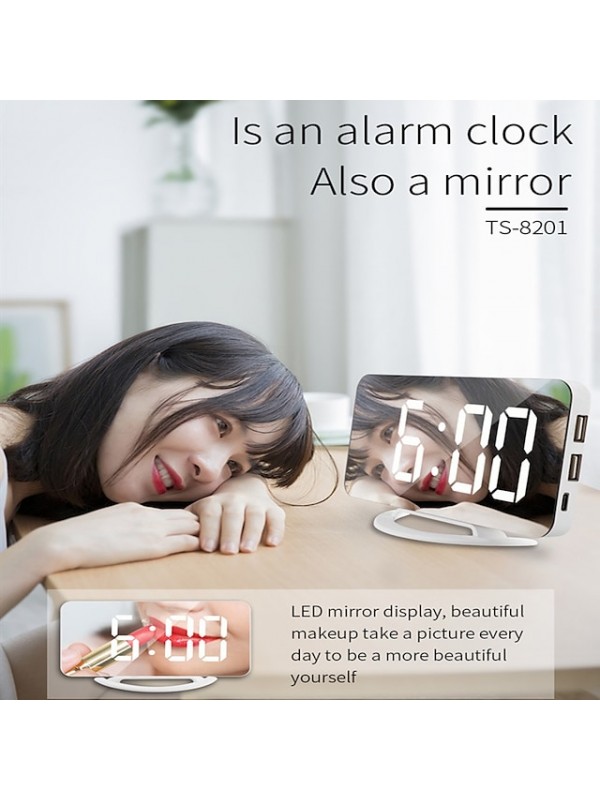 Smart Electronic Digital Alarm Clock LED Mirror Snooze Table 2 USB Output Ports Phone Charging Auto Adjustable Light Clock #8828642
