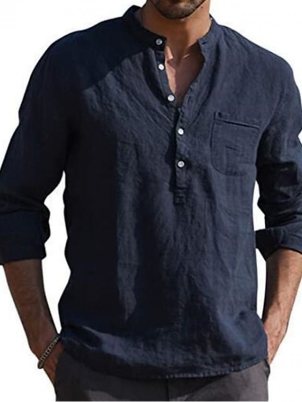 Men's Shirt Solid Colored V Neck Casual Daily Long Sleeve Tops Casual Fashion Breathable Comfortable Wine White Navy Blue #8670986