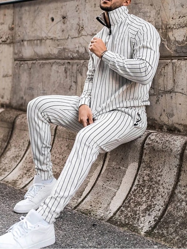 Men's Set Shirt Striped Standing Collar Street Daily collared shirts Long Sleeve Tops Casual Fashion Breathable Comfortable White Black Gray #8831495