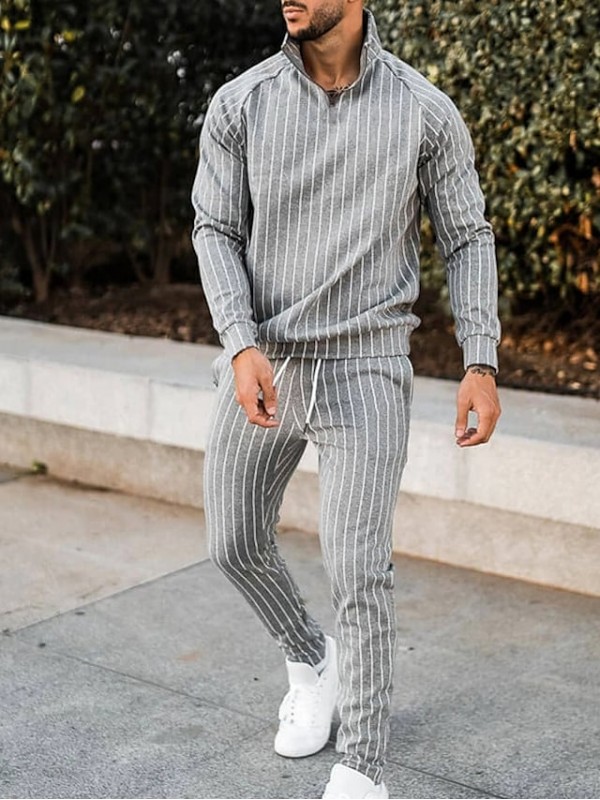 Men's Set Shirt Striped Standing Collar Street Daily collared shirts Long Sleeve Tops Casual Fashion Breathable Comfortable White Black Gray #8831495