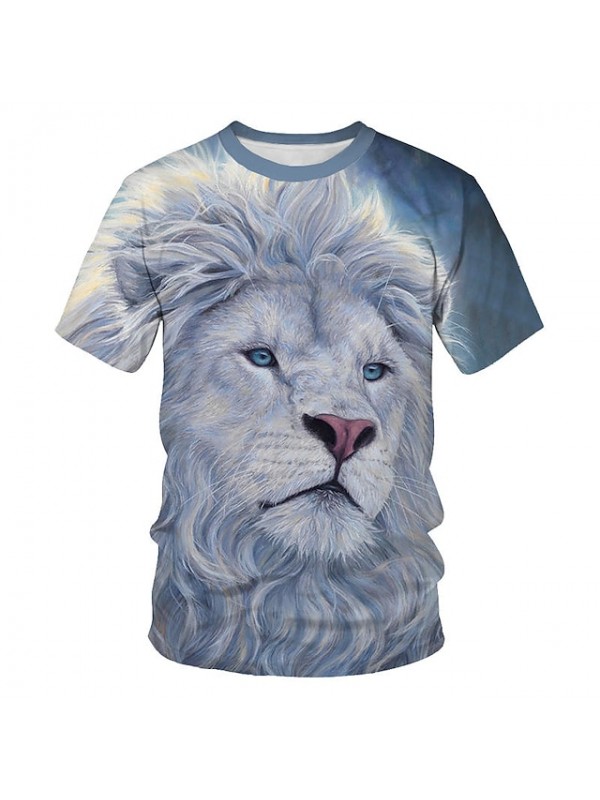 Men's Tee T shirt Shirt 3D Print Lion Animal Round Neck Casual Daily Print Short Sleeve Tops Basic Designer Streetwear Exaggerated Blue and White Cobalt Blue Deep Blue / Summer #7504687