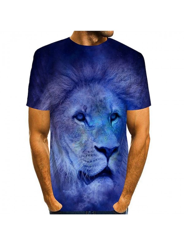 Men's Tee T shirt Shirt 3D Print Lion Animal Round Neck Casual Daily Print Short Sleeve Tops Basic Designer Streetwear Exaggerated Blue and White Cobalt Blue Deep Blue / Summer #7504687