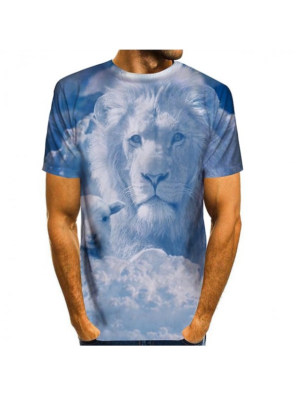 Men's Tee T shirt Shirt 3D Print Lion Animal Round Neck Casual Daily Print Short Sleeve Tops Basic Designer Streetwear Exaggerated Blue and White Cobalt Blue Deep Blue / Summer #7504687