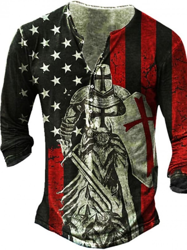 Men's Henley Shirt Tee T shirt Graphic Flag Henley Knight Street Casual Button-Down Print Long Sleeve Tops Basic Casual Classic Big and Tall Black Gray Khaki #8960106