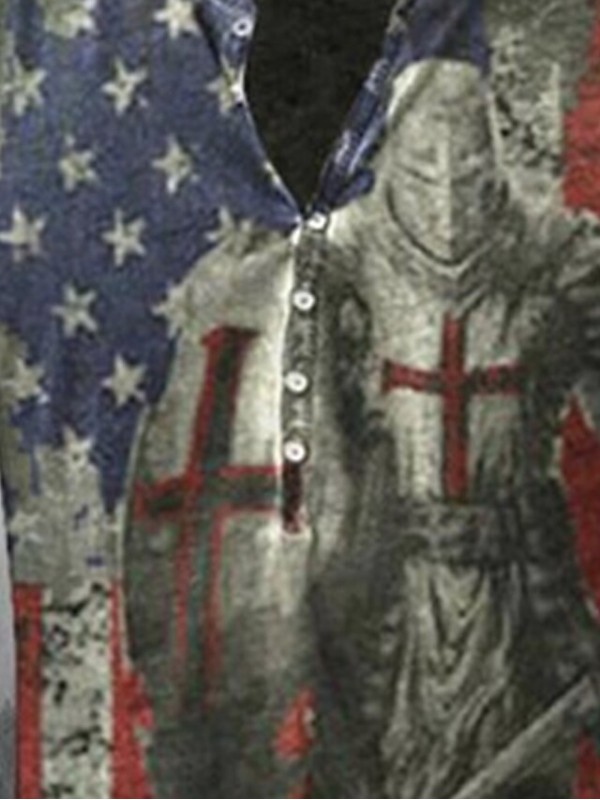 Men's Henley Shirt Tee T shirt Graphic Flag Henley Knight Street Casual Button-Down Print Long Sleeve Tops Basic Casual Classic Big and Tall Black Gray Khaki #8960106