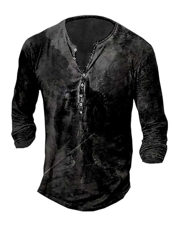 Men's Henley Shirt Tee T shirt Graphic Flag Henley Knight Street Casual Button-Down Print Long Sleeve Tops Basic Casual Classic Big and Tall Black Gray Khaki #8960106