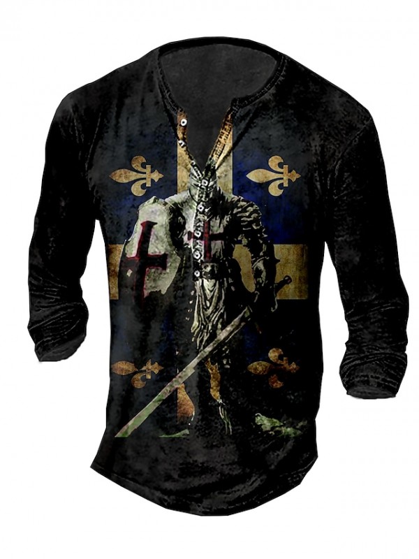 Men's Henley Shirt Tee T shirt Graphic Flag Henley Knight Street Casual Button-Down Print Long Sleeve Tops Basic Casual Classic Big and Tall Black Gray Khaki #8960106