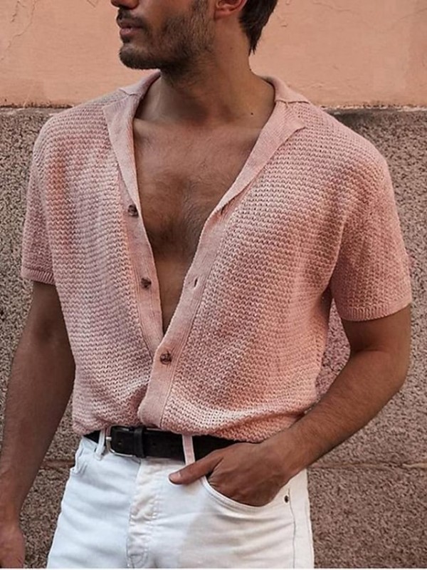 Men's Shirt Solid Color Turndown Street Casual Button-Down Short Sleeve Tops Casual Fashion Comfortable Pink Yellow Summer Shirts Beach #8968862