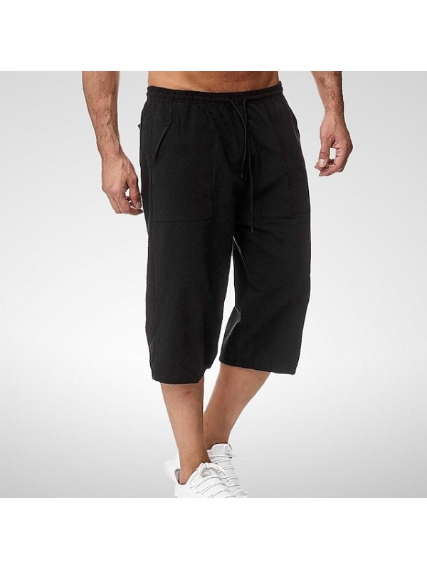 Men‘s Casual Capri Shorts 3/4 Loose Fit Below Knee Short Breathable Soft Crop Trousers Cotton Sports Outdoor Solid Color Calf-Length Pants With Drawstring Pocket Elastic Waist Blue khaki Green Black #8281202