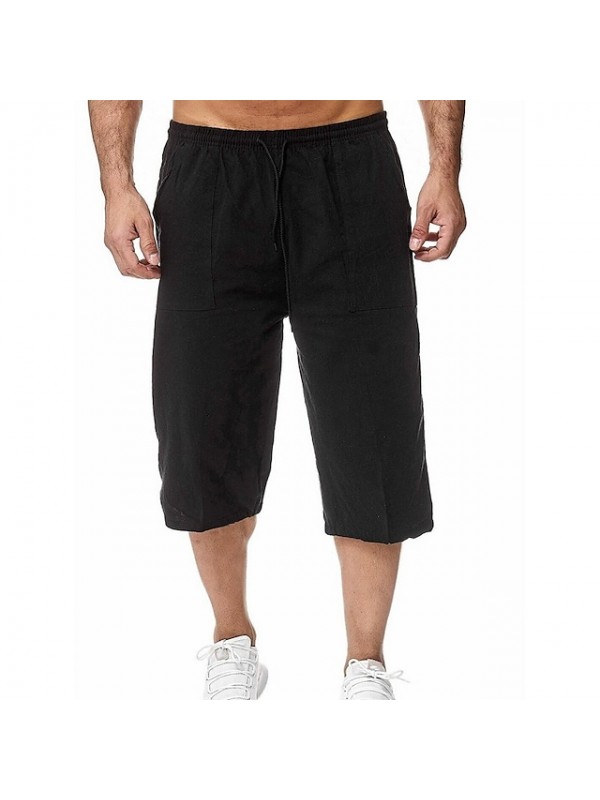 Men‘s Casual Capri Shorts 3/4 Loose Fit Below Knee Short Breathable Soft Crop Trousers Cotton Sports Outdoor Solid Color Calf-Length Pants With Drawstring Pocket Elastic Waist Blue khaki Green Black #8281202
