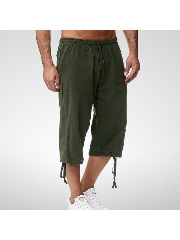 Men‘s Casual Capri Shorts 3/4 Loose Fit Below Knee Short Breathable Soft Crop Trousers Cotton Sports Outdoor Solid Color Calf-Length Pants With Drawstring Pocket Elastic Waist Blue khaki Green Black #8281202