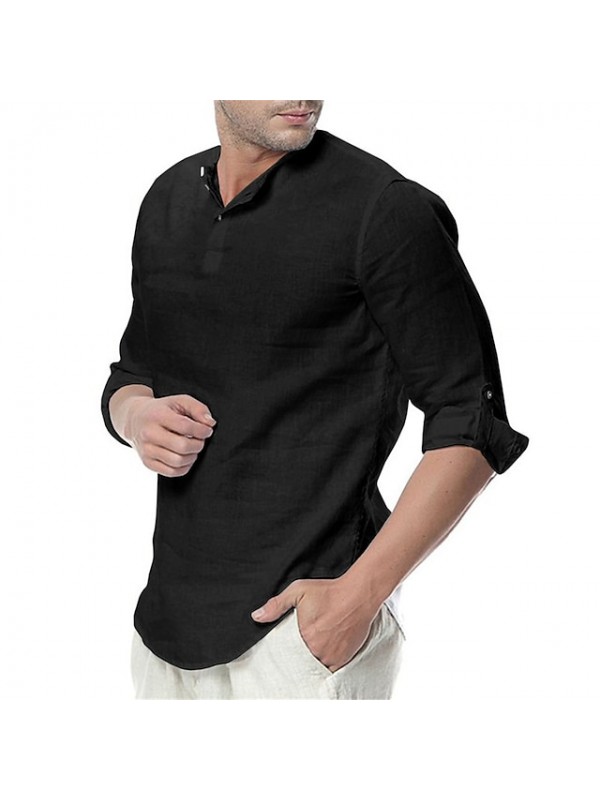 Men's Shirt Solid Color Collar Round Neck Casual Vacation Long Sleeve Tops Light Blue White Black / Fall / Winter #8130595