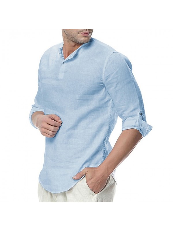 Men's Shirt Solid Color Collar Round Neck Casual Vacation Long Sleeve Tops Light Blue White Black / Fall / Winter #8130595
