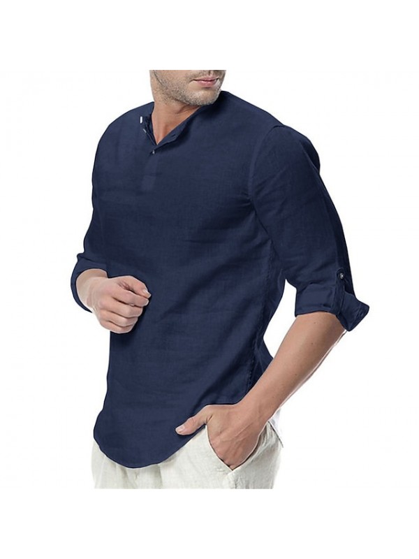 Men's Shirt Solid Color Collar Round Neck Casual Vacation Long Sleeve Tops Light Blue White Black / Fall / Winter #8130595