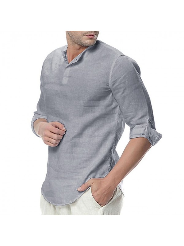 Men's Shirt Solid Color Collar Round Neck Casual Vacation Long Sleeve Tops Light Blue White Black / Fall / Winter #8130595