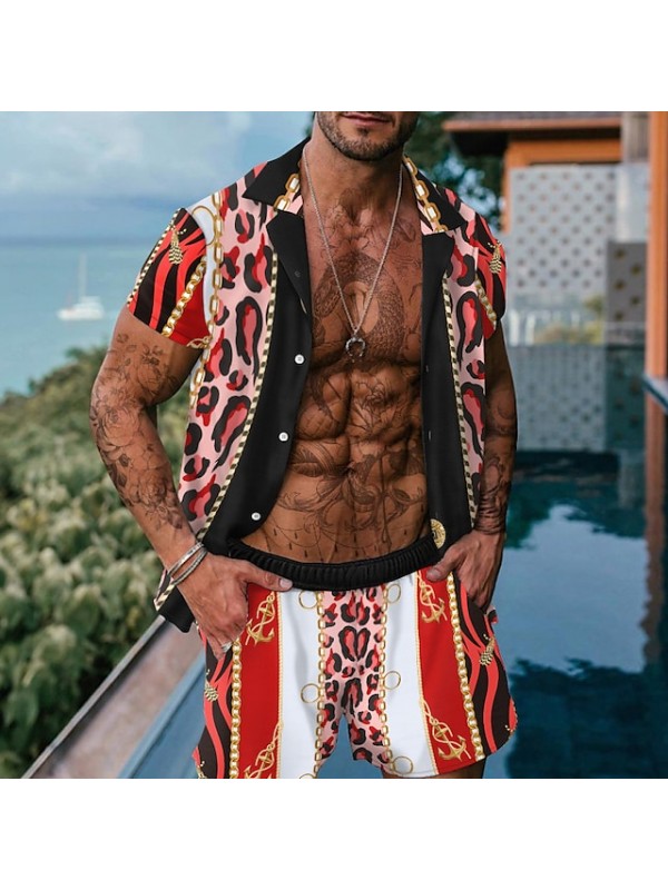 Men's Shirt Set 3D Print Leopard Chains Print Turndown Casual Holiday 3D Print Button-Down Short Sleeve Tops Casual Fashion Hawaiian Comfortable Red #8967692