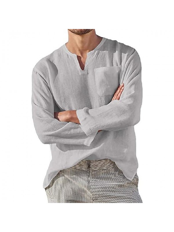 Men's simple solid color long sleeve v-neck 100% cotton Casual Daliy shirts Summer Shirts Beach #8639958