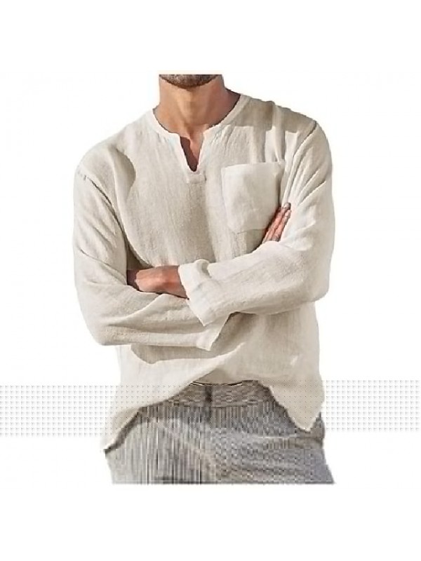 Men's simple solid color long sleeve v-neck 100% cotton Casual Daliy shirts Summer Shirts Beach #8639958