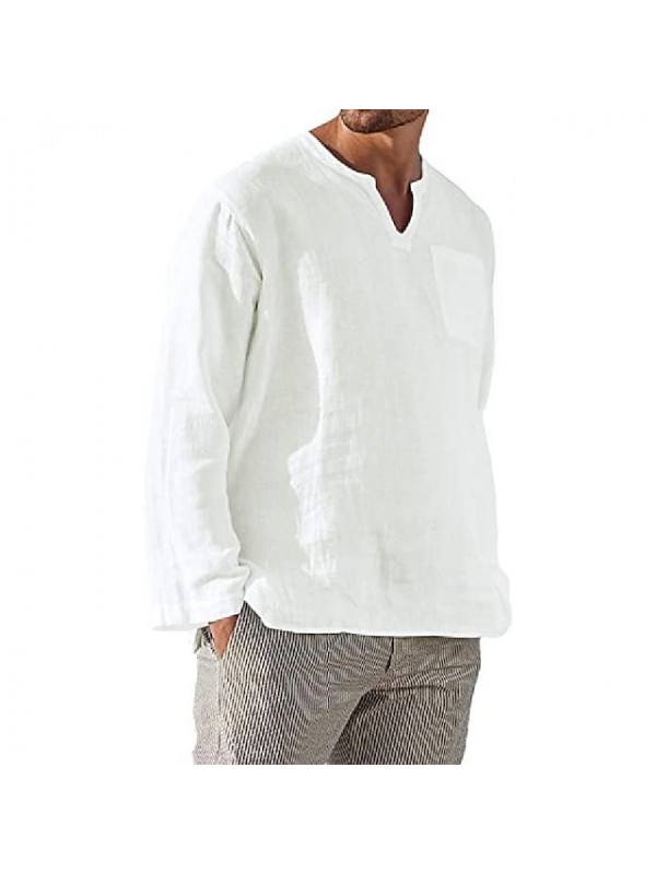Men's simple solid color long sleeve v-neck 100% cotton Casual Daliy shirts Summer Shirts Beach #8639958