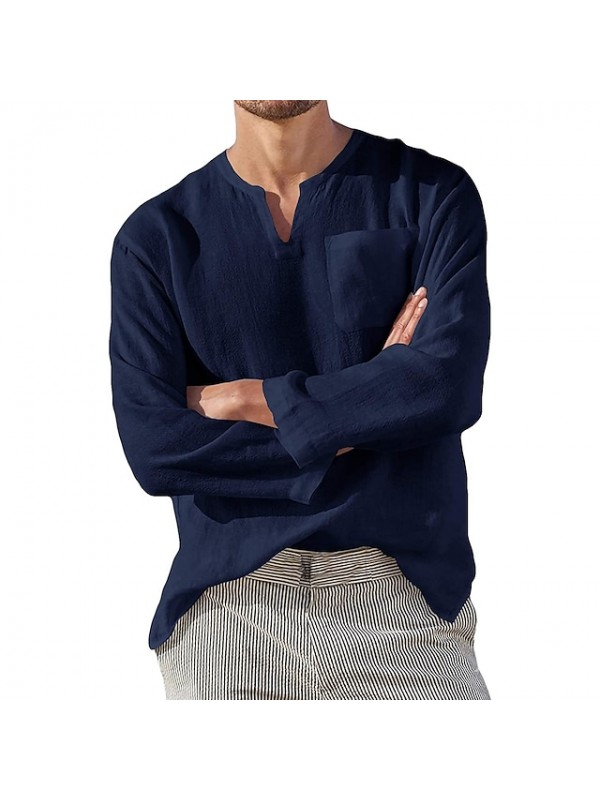 Men's simple solid color long sleeve v-neck 100% cotton Casual Daliy shirts Summer Shirts Beach #8639958