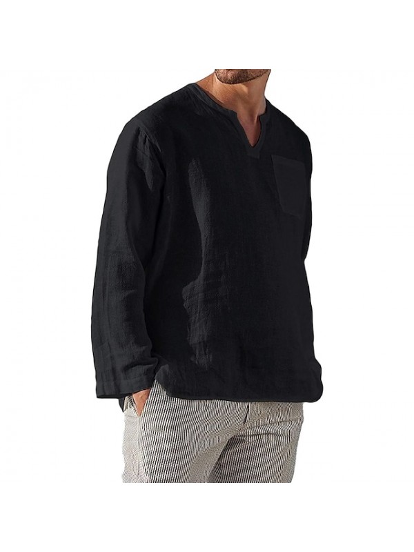 Men's simple solid color long sleeve v-neck 100% cotton Casual Daliy shirts Summer Shirts Beach #8639958