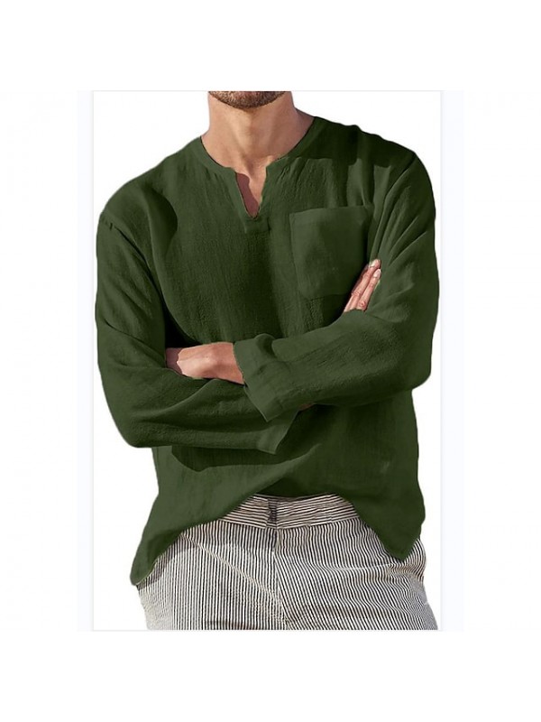 Men's simple solid color long sleeve v-neck 100% cotton Casual Daliy shirts Summer Shirts Beach #8639958