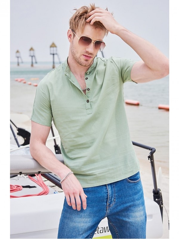 Men's Shirt Solid Color Collar Street Sports Outdoor Short Sleeve Tops Cotton Casual Daily Breathable Comfortable Henley Light Blue Green off-white / Summer/Beach #8484200