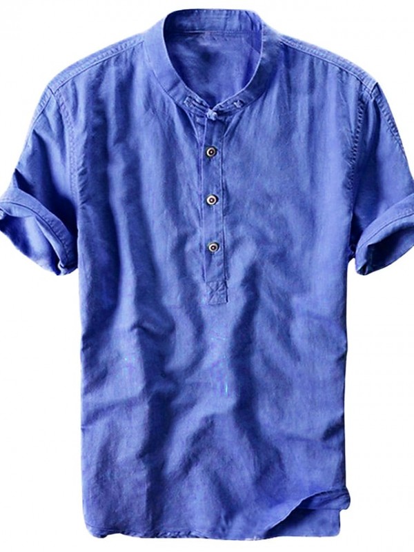 Men's Shirt Solid Color Collar Street Sports Outdoor Short Sleeve Tops Cotton Casual Daily Breathable Comfortable Henley Light Blue Green off-white / Summer/Beach #8484200
