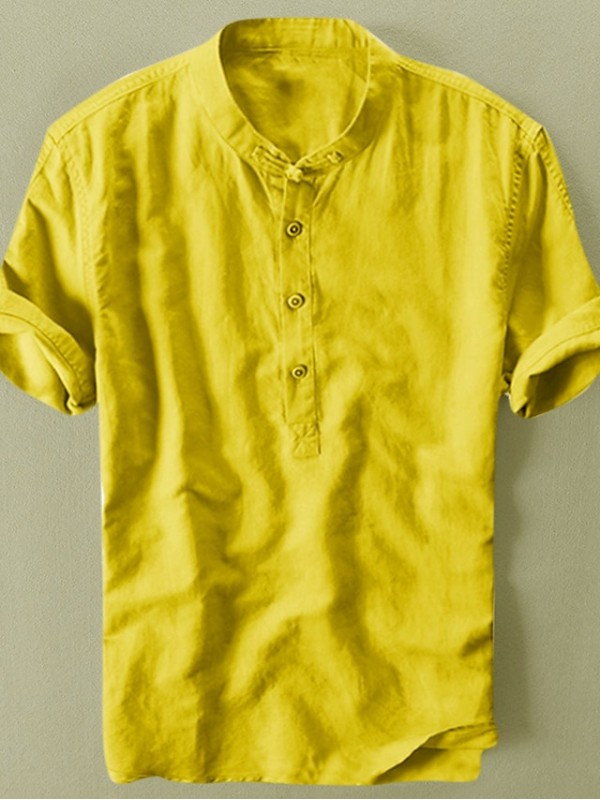 Men's Shirt Solid Color Collar Street Sports Outdoor Short Sleeve Tops Cotton Casual Daily Breathable Comfortable Henley Light Blue Green off-white / Summer/Beach #8484200