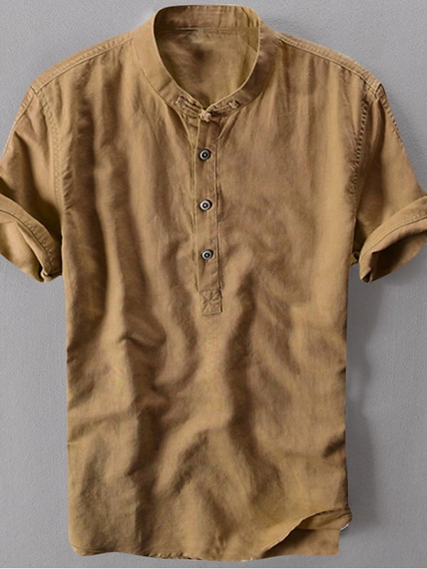 Men's Shirt Solid Color Collar Street Sports Outdoor Short Sleeve Tops Cotton Casual Daily Breathable Comfortable Henley Light Blue Green off-white / Summer/Beach #8484200