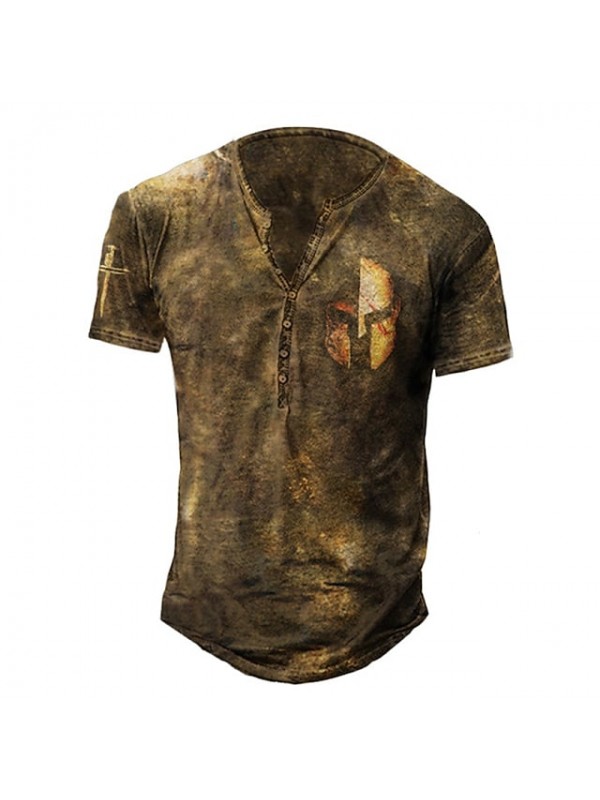 Men's Henley Shirt T shirt Graphic Prints Letter Henley Casual Daily Button-Down Print Short Sleeve Tops Lightweight Breathable Big and Tall Green Brown / Summer #8995478