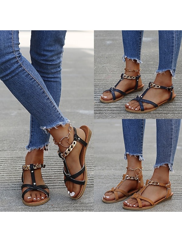 Women's Sandals Boho Bohemia Beach Button Flat Heel Round Toe PU Ankle Strap Solid Colored Dark Brown Black Khaki #8635586