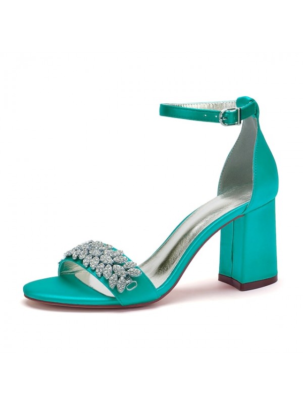 Women's Wedding Shoes Ankle Strap Sandals Wedding Sandals Bridal Shoes Rhinestone Block Heel Chunky Heel Ankle Strap Heel Open Toe Elegant Party Wedding Satin Ankle Strap Summer Solid Colored Green #8821728