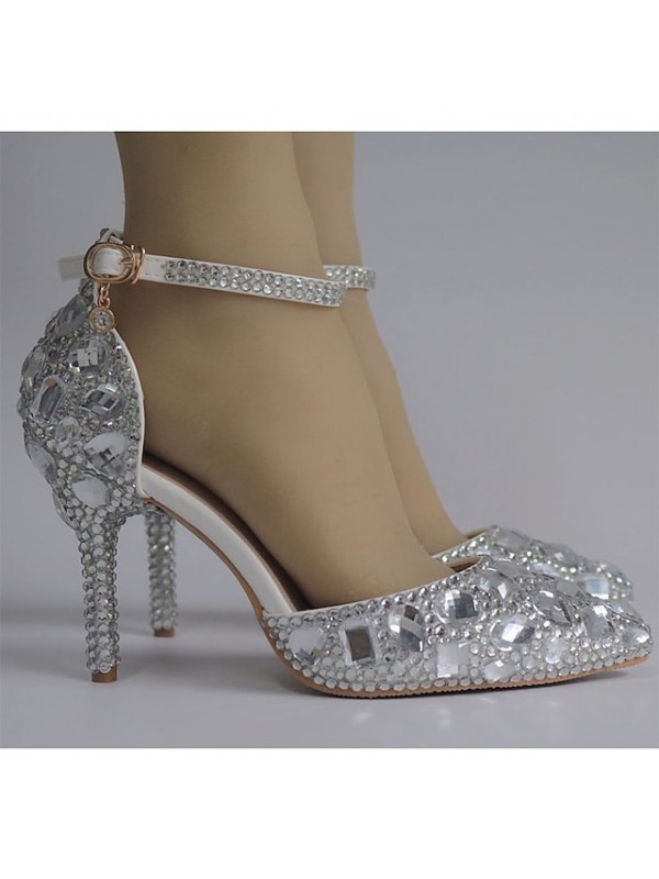 Women's Wedding Shoes Ankle Strap Heels Wedding Heels Bridal Shoes Crystal Buckle Stiletto Heel Pointed Toe Luxurious Vintage Sexy Wedding Party & Evening PU Ankle Strap Fall Spring Glow in the Dark #8418929