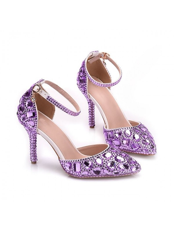 Women's Wedding Shoes Ankle Strap Heels Wedding Heels Bridal Shoes Crystal Buckle Stiletto Heel Pointed Toe Luxurious Vintage Sexy Wedding Party & Evening PU Ankle Strap Fall Spring Glow in the Dark #8418929