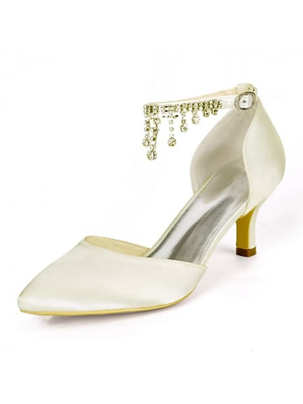 Women's Wedding Shoes Ankle Strap Heels Wedding Heels Bridal Shoes Rhinestone Tassel Kitten Heel Pointed Toe Classic Party Wedding Satin Ankle Strap Spring Summer Solid Colored White Black Purple #7736199