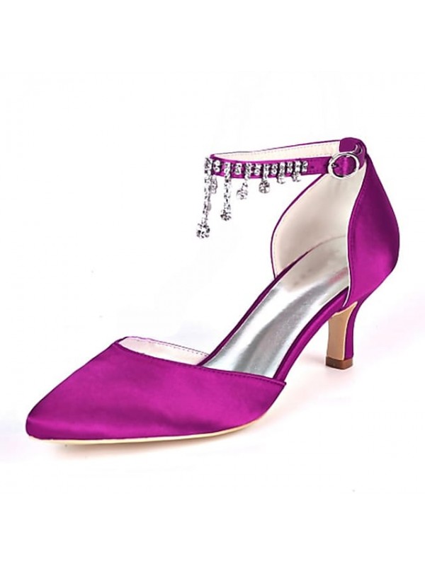Women's Wedding Shoes Ankle Strap Heels Wedding Heels Bridal Shoes Rhinestone Tassel Kitten Heel Pointed Toe Classic Party Wedding Satin Ankle Strap Spring Summer Solid Colored White Black Purple #7736199