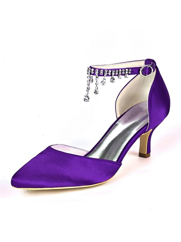 Women's Wedding Shoes Ankle Strap Heels Wedding Heels Bridal Shoes Rhinestone Tassel Kitten Heel Pointed Toe Classic Party Wedding Satin Ankle Strap Spring Summer Solid Colored White Black Purple #7736199