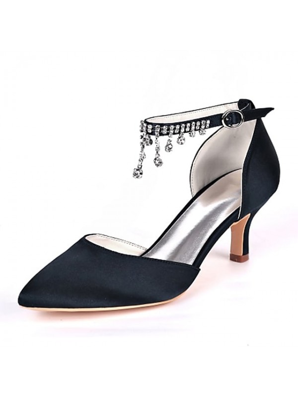 Women's Wedding Shoes Ankle Strap Heels Wedding Heels Bridal Shoes Rhinestone Tassel Kitten Heel Pointed Toe Classic Party Wedding Satin Ankle Strap Spring Summer Solid Colored White Black Purple #7736199