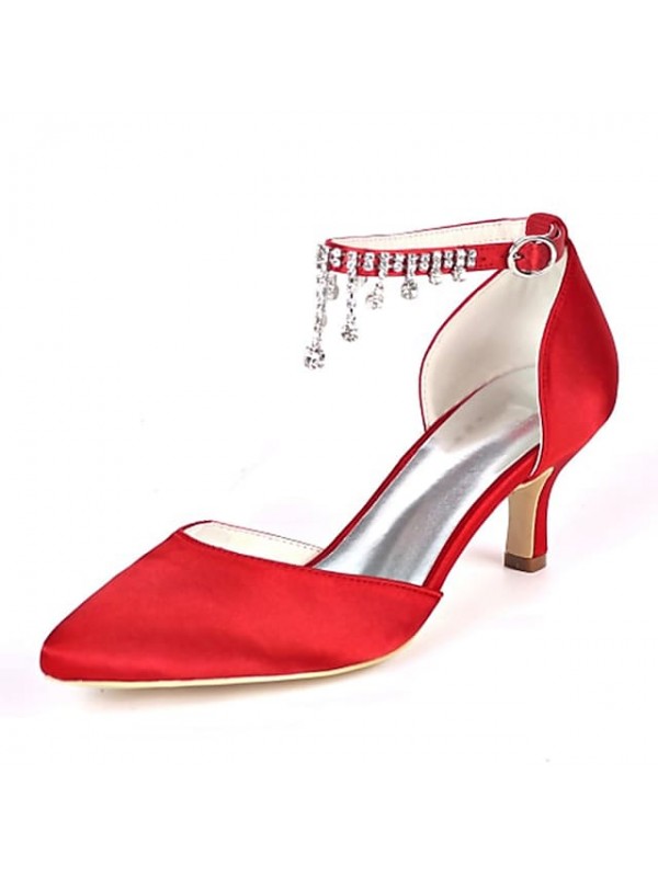 Women's Wedding Shoes Ankle Strap Heels Wedding Heels Bridal Shoes Rhinestone Tassel Kitten Heel Pointed Toe Classic Party Wedding Satin Ankle Strap Spring Summer Solid Colored White Black Purple #7736199