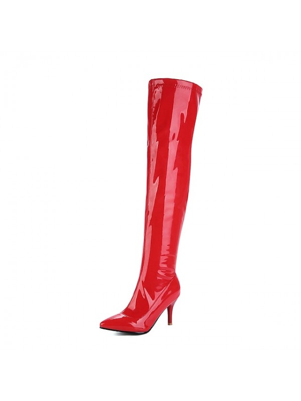 Women's Boots Over The Knee Boots Stiletto Heel Round Toe Daily Work PU Zipper Solid Colored White Black Red #8840449