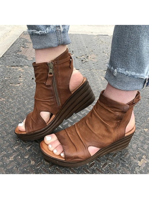 Women's Sandals Wedge Sandals Booties Ankle Boots Lace-up Wedge Heel Peep Toe PU Zipper Solid Colored Light Brown Green Black / Booties / Ankle Boots #8635348