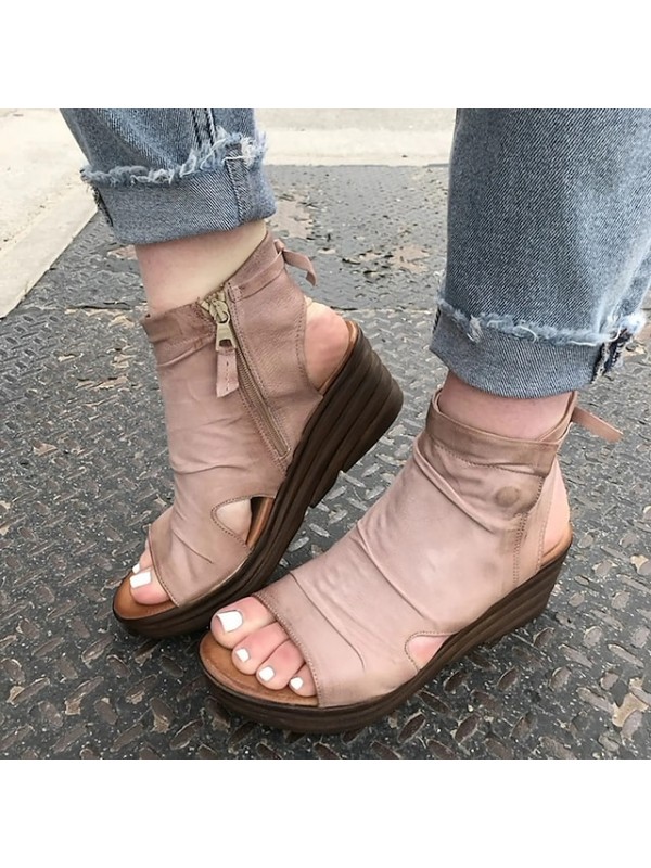 Women's Sandals Wedge Sandals Booties Ankle Boots Lace-up Wedge Heel Peep Toe PU Zipper Solid Colored Light Brown Green Black / Booties / Ankle Boots #8635348