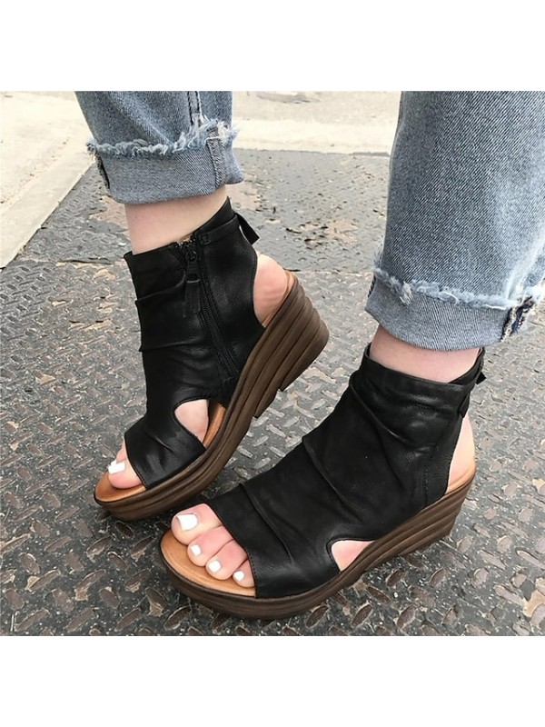 Women's Sandals Wedge Sandals Booties Ankle Boots Lace-up Wedge Heel Peep Toe PU Zipper Solid Colored Light Brown Green Black / Booties / Ankle Boots #8635348